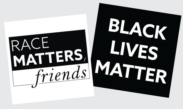 Race Matters Friends and Black Lives Matter stickers displayed on a gray background. 